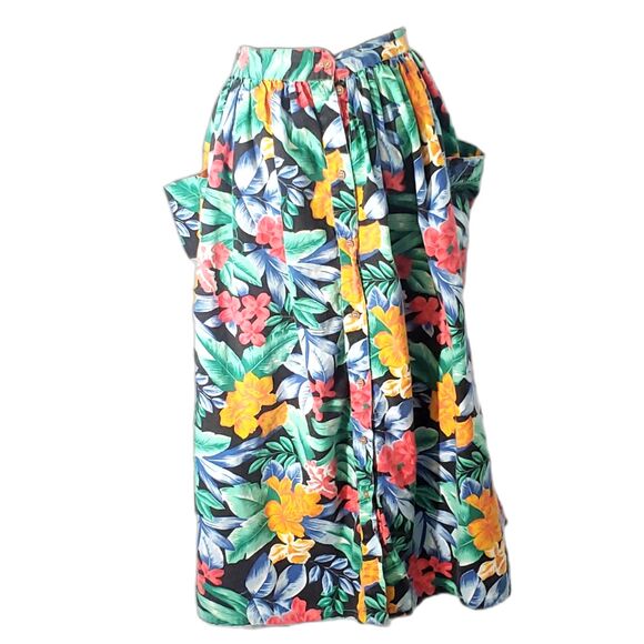 Red Yellow Tropical Print Elastic Waist Button-up Pockets Maxi Skirt Size 3X - Picture 3 of 4